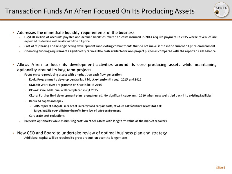 Recapitalisation and Trading Update – Afren Plc – slide 7