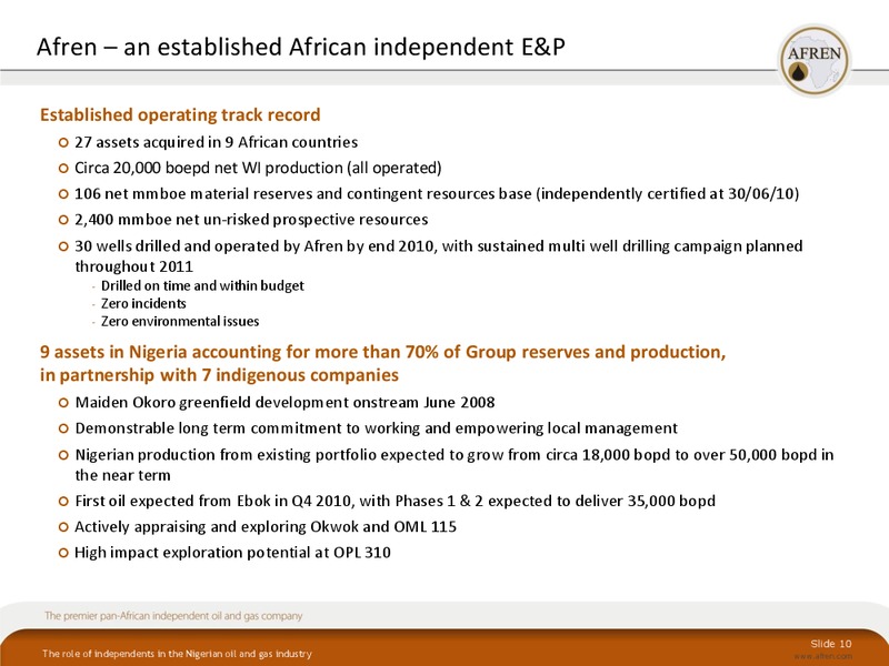 October 2010 Investor Presentation – Afren Plc – slide 9