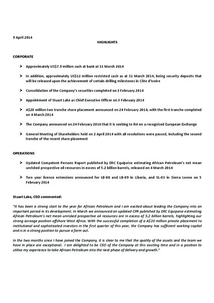 Q1 2014 REPORTS – African Petroleum – slide 3