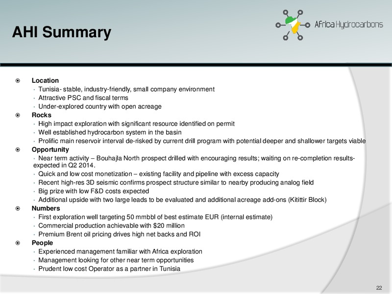 April 2014 Investor Presentation – Africa Hydrocarbons Inc. – slide 21