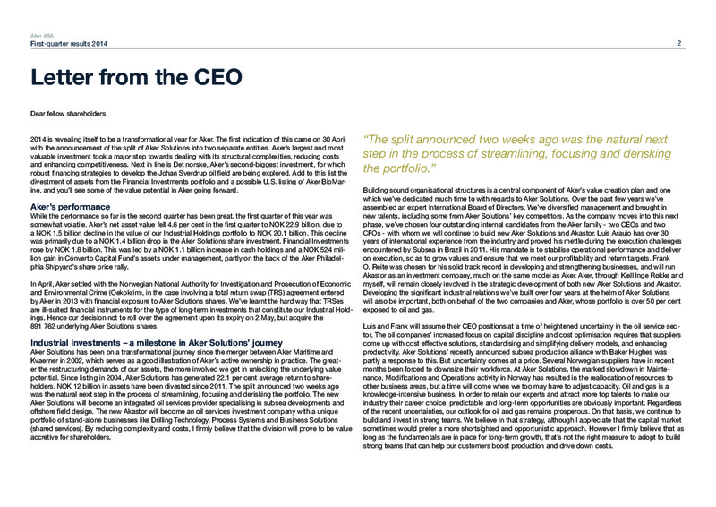 FIRST QUARTER 2014 HIGHLIGHTS – Aker Solutions – slide 2