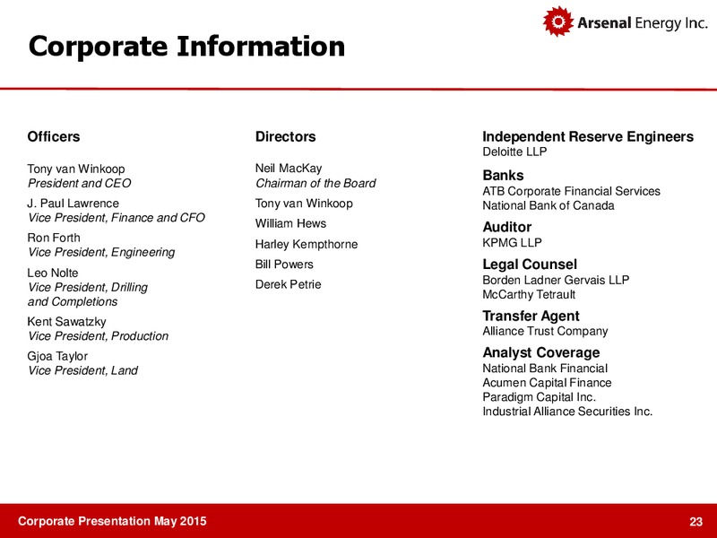 MAY 2015 INVESTOR PRESENTATION – Arsenal Energy Inc. – slide 22