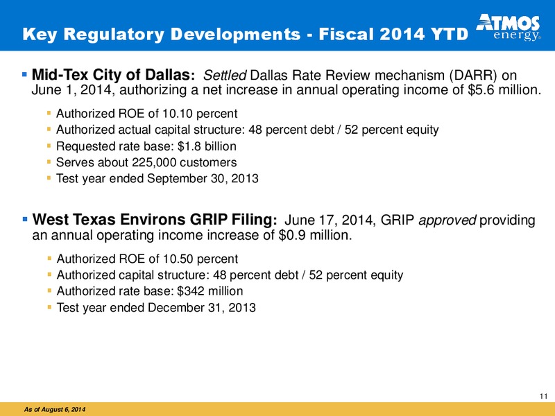 Analysts Call to Review Fiscal 2014 Third Quarter Financial Results – Atmos Energy – slide 11