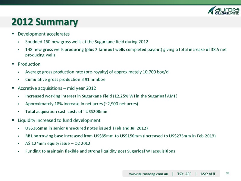 MARCH 2013 INVESTOR PRESENTATION – Aurora Oil & Gas Ltd. – slide 33