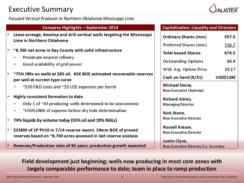 BBY ENERGY CONFERENCE PRESENTATION – Austex Oil Limited – slide 2