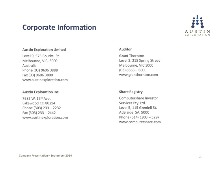 Company Presentation – Austin Exploration Limited – slide 20