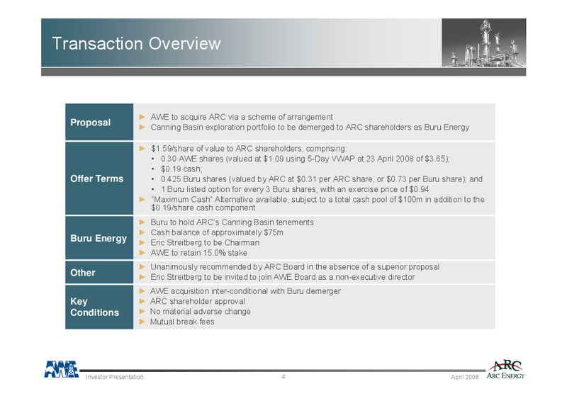 AWE ARC MERGER – Awe Limited – slide 4
