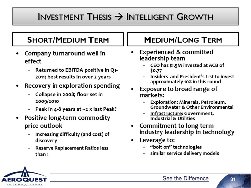 April 2011 Investor Presentation – Aeroquest International – slide 30