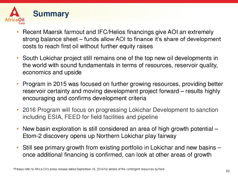 January 2016 Investor Presentation – Africa Oil Corp. – slide 20