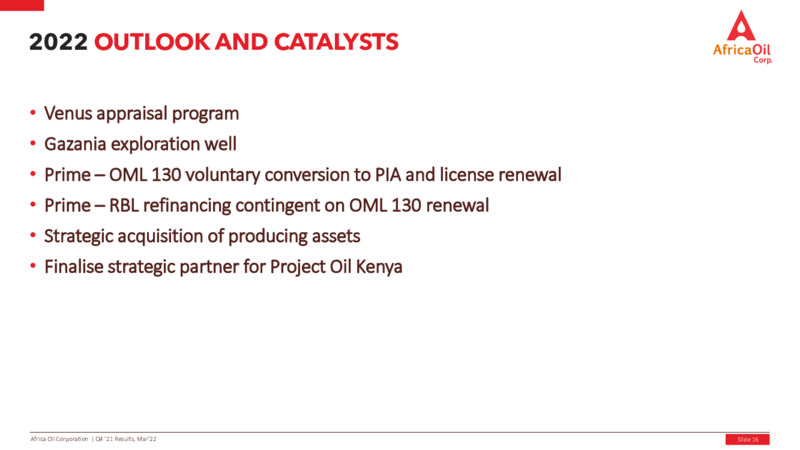 Fourth Quarter 2021 Results – Africa Oil Corp. – slide 16