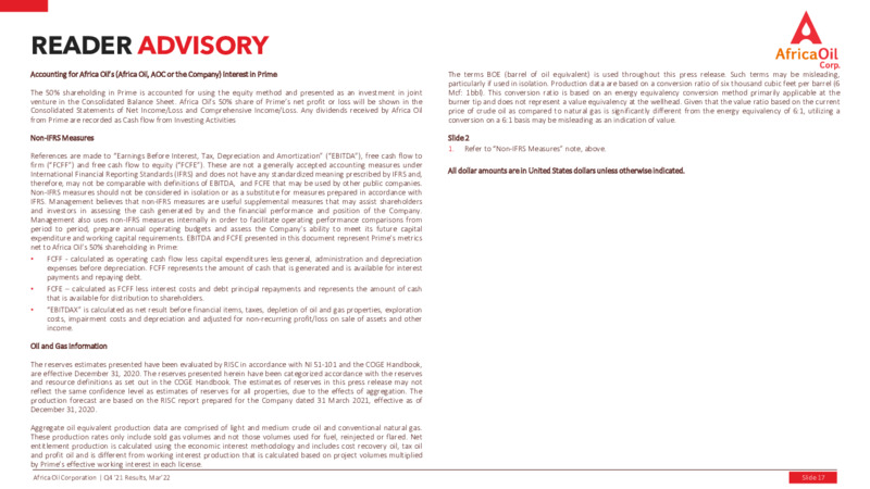 Fourth Quarter 2021 Results – Africa Oil Corp. – slide 17