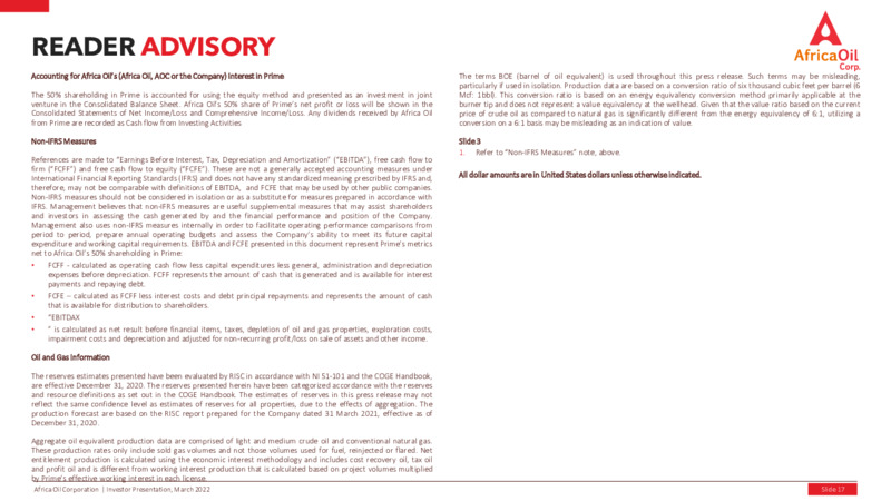 March 2022 Investor Presentation – Africa Oil Corp. – slide 17