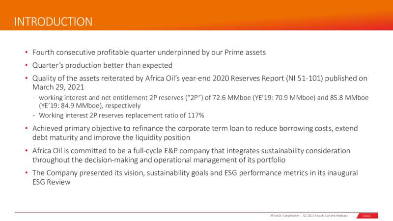 First Quarter 2021 Update – Africa Oil Corp. – slide 2