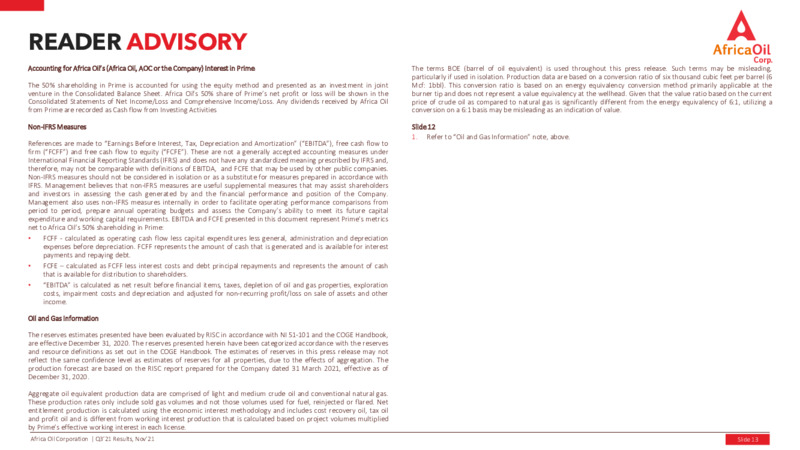 Third Quarter 2021 Results – Africa Oil Corp. – slide 13