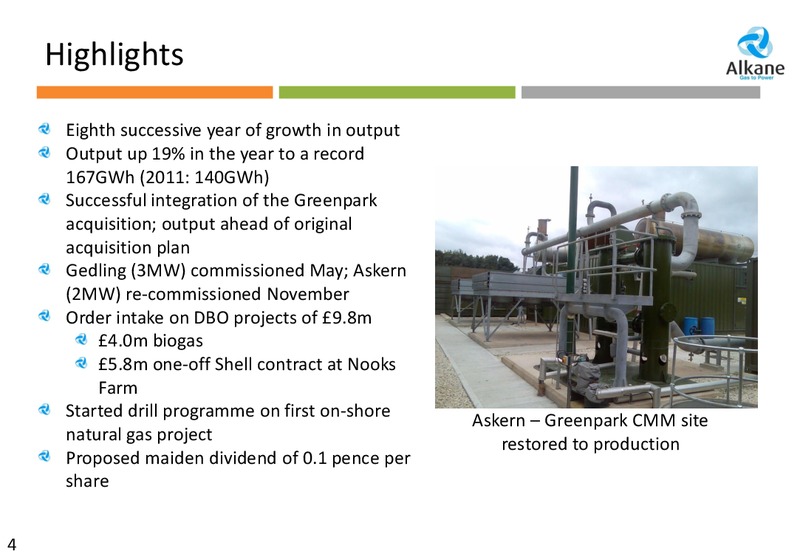2012 PRELIMINARY RESULTS – Alkane Energy Plc – slide 4