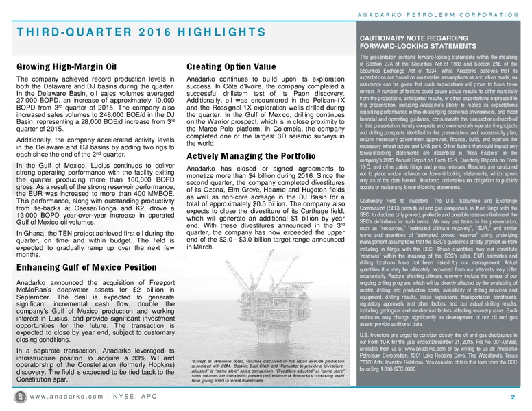 Q3 2016 Operations Report – Anadarko Petroleum Corp – slide 2