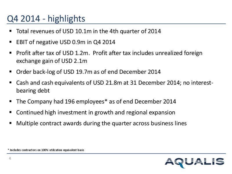 Q4 2014 EARNINGS CALL – Aqualis ASA – slide 3