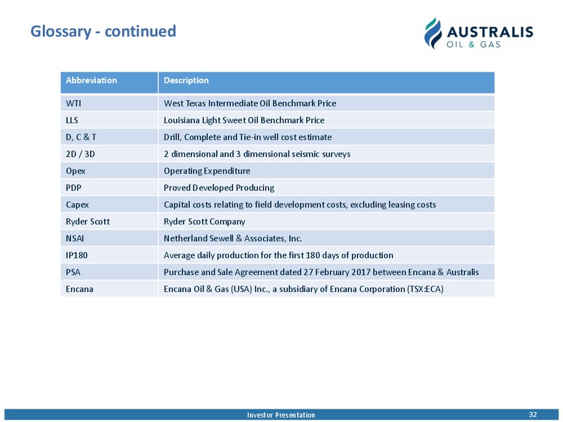 June 2017 Investor Presentation – Australis Oil & Gas Limited – slide 31
