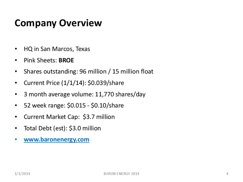 2014 Business Plan – Baron Energy Inc. – slide 3