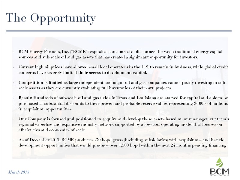General Business Presentation – Bcm Energy Partners, Inc. – slide 2