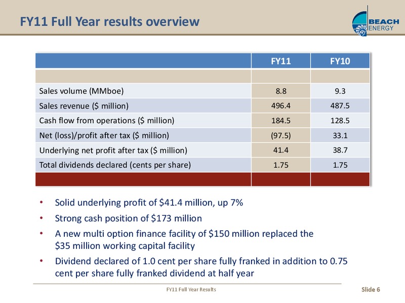 AUGUST 2011 INVESTOR PRESENTATION – Beach Energy Limited – slide 5