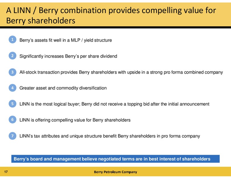 LINN Energy and Linn Co offer to acquire Berry – Berry Petroleum Company – slide 17