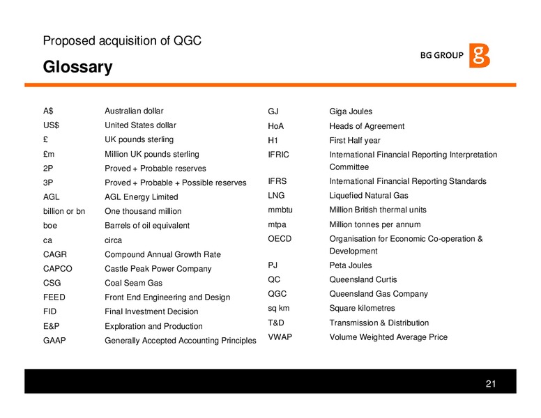 Proposed Acquisition of QGC – BG Group – slide 20