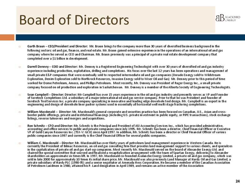 INVESTOR PPRESENTATION – Blackbird Energy Inc. – slide 22