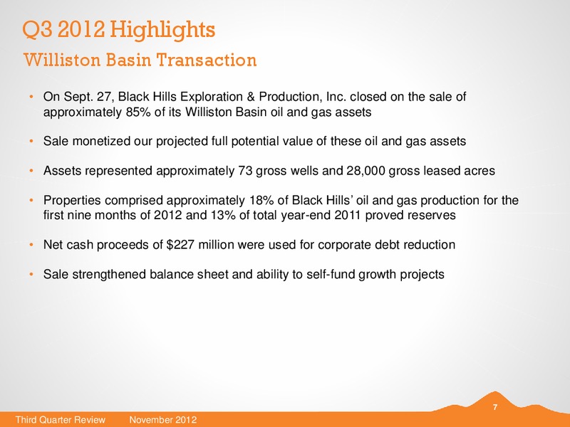 Q3 2012 EARNINGS CALL – Black Hills Corporation – slide 6