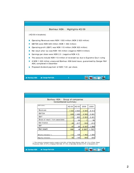 Q4 2009 EARNINGS CALL – Bonheur Asa – slide 2