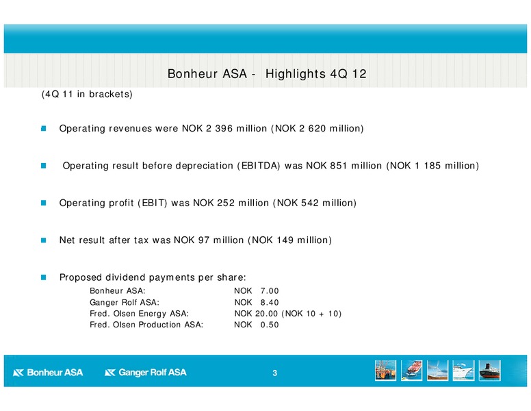 Q4 2012 EARNINGS CALL – Bonheur Asa – slide 3