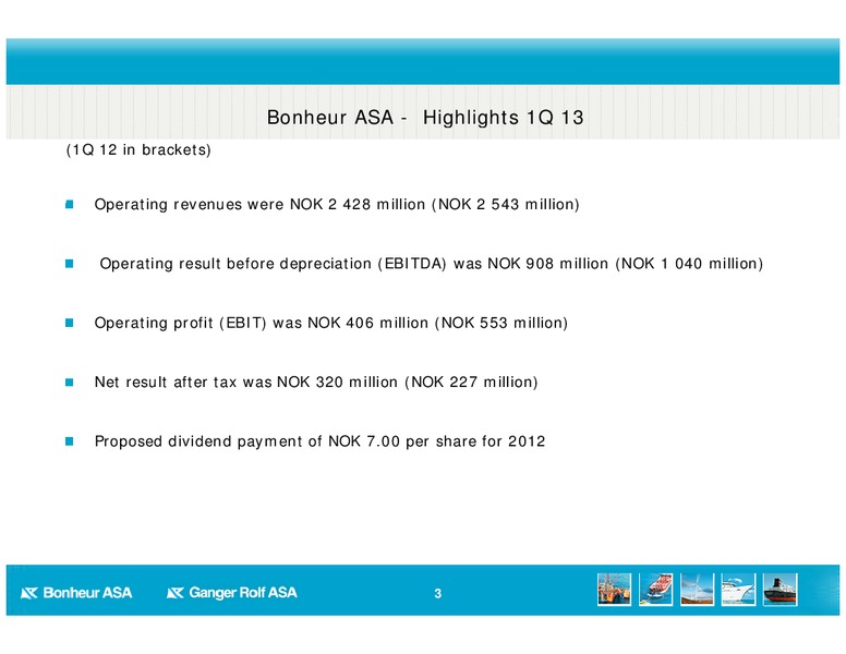 Q1 2013 EARNINGS CALL – Bonheur Asa – slide 3