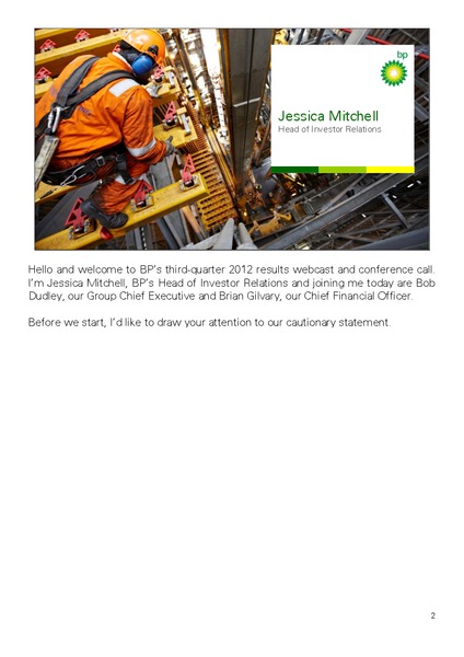 Q3 2012 INVESTOR PRESENTATION – BP Plc – slide 2
