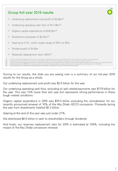 Q4 2016 Results Presentation – BP Plc – slide 7