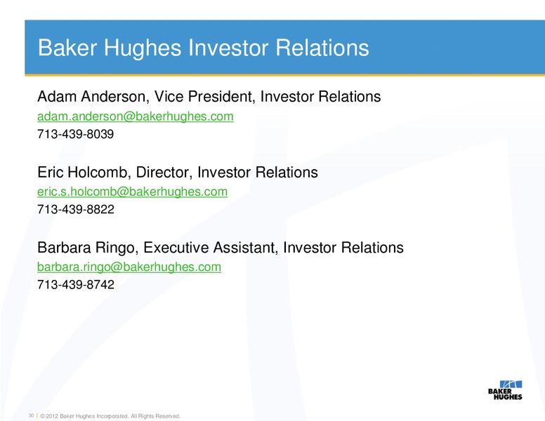 FEBRUARY 2012 INVESTOR PRESENTATION – Baker Hughes – slide 29