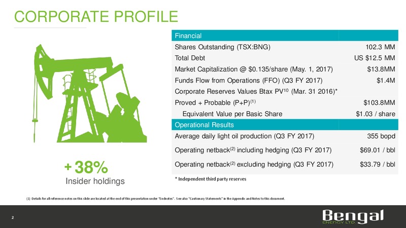 May 2017 Corporate Presentation – Bengal Energy Ltd – slide 2