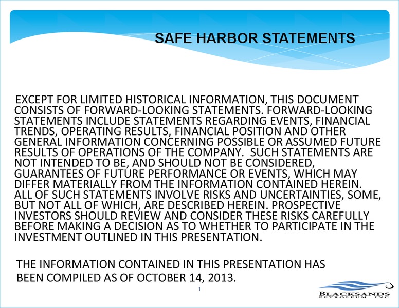 OCTOBER 2013 INVESTOR PRESENTATION – Blacksands Petroleum – slide 2