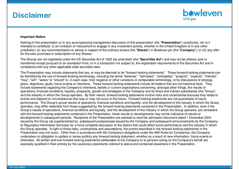 OILBARREL CONFERENCE – Bowleven Plc – slide 2