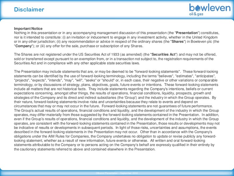 OIL & GAS OILBARREL CONFERENCE – Bowleven Plc – slide 2