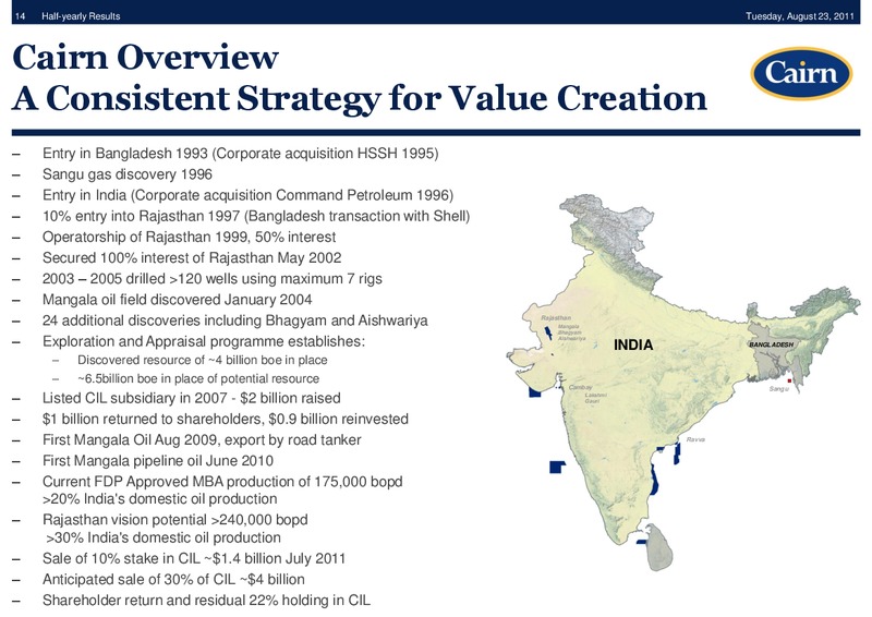 HALF YEARLY RESULTS – Cairn Energy Plc – slide 13
