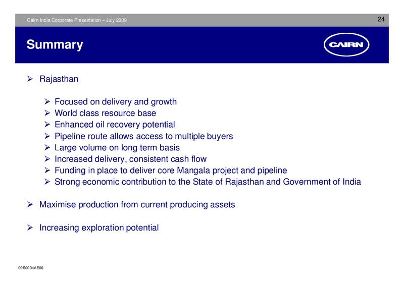 CORPORATE PRESENTATION – Cairn India – slide 23