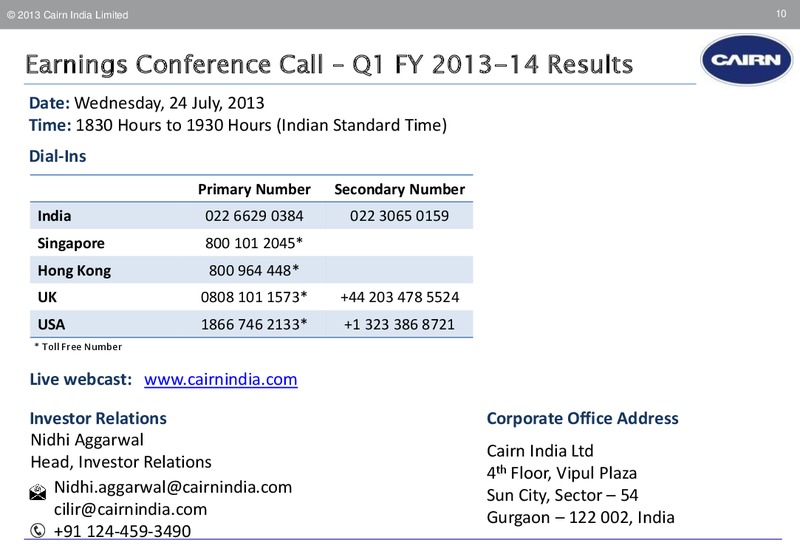EARNINGS CALL – Cairn India – slide 9