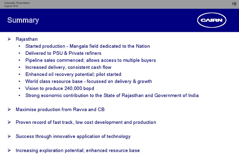 CORPORATE PRESENTATION – Cairn India – slide 17