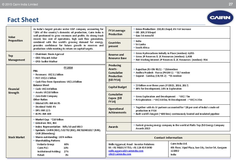 INVESTOR PRESENTATION – Cairn India – slide 26