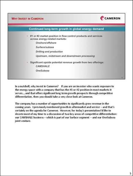 INVESTOR RELATIONS PRESENTATION – Cameron International Corporation – slide 5