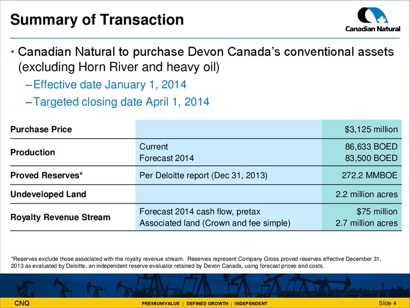 ACQUISITION OF DEVON CANADA'S CONVENTIONAL ASSETS – Canadian Natural Resources Limited (CNRL) – slide 3