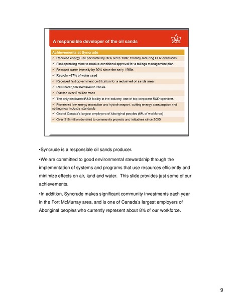 EURO PACIFIC GLOBAL INVESTMENT CONFERENCE – Canadian Oil Sands Limited – slide 9
