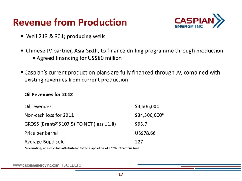 INVESTOR PRESENTATION – Caspian Energy Inc. – slide 16
