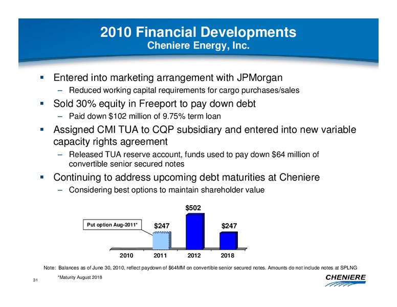 NOVEMBER 2010 CORPORATE PRESENTATION – Cheniere Energy, Inc. – slide 30