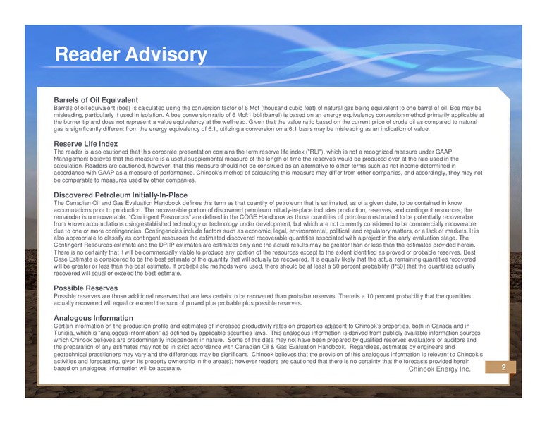 Corporate Presentation – Chinook Energy, Inc. – slide 2